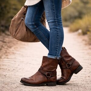 Frye Brown Leather Harness Boots Moto Western Riding  Boots Women's Size 10
